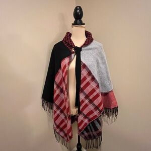 Coco + Carmen Red and Gray Plaid Poncho